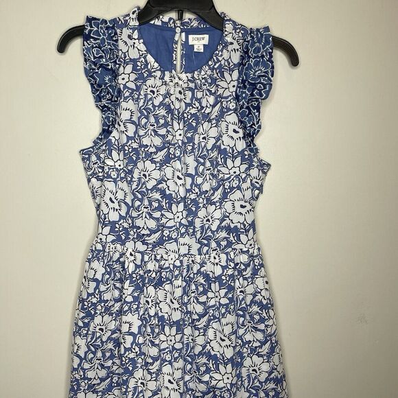 J.CREW Dress Women 2 Blue Floral Above Knee NEW Ruffle Trim Pockets CA214 - Picture 4 of 15